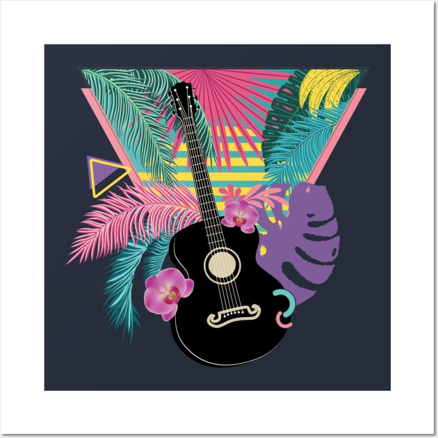 Retro guitar with tropical leaves Wall Art by AnnArtshock